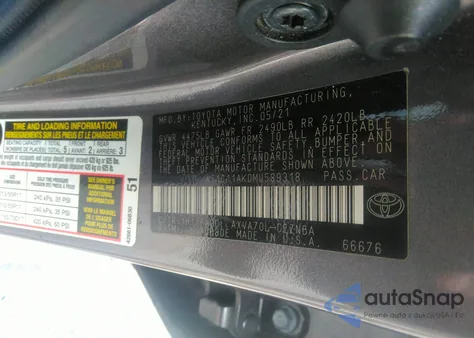 2021 Toyota Camry Le из США, поврежденный, VIN 4T1C11AK0MU589318